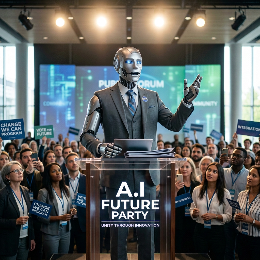 Humanoid robot at podium reading “FUTURE PROGRESS PARTY” and “UNITY THROUGH INNOVATION”